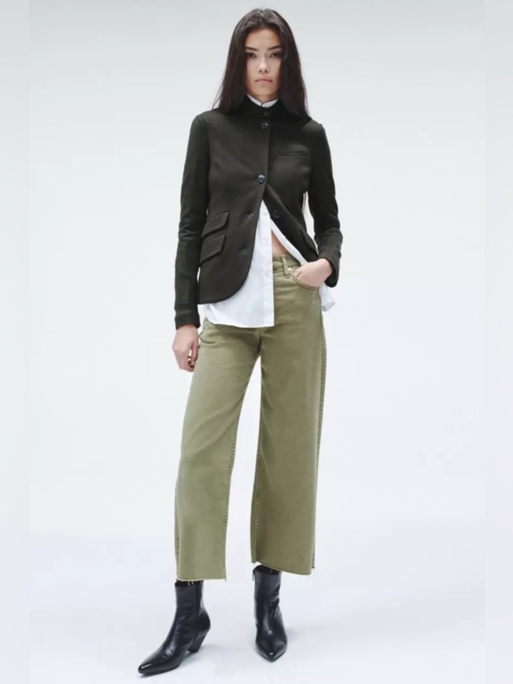 Rag & Bone Andi Raw Hem Crop Wide Leg Jeans in Olive Green